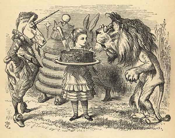 The sharing of the cake between the Lion and the Unicorn, illustration from Through the Looking Glass by Lewis Carroll 1832-98 first published 1871 - view 1