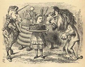 The sharing of the cake between the Lion and the Unicorn, illustration from Through the Looking Glass by Lewis Carroll 1832-98 first published 1871 by John Tenniel