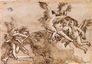 Blindfolded Cupid and flying putti playing with a laurel crown by Giovanni Domenico Tiepolo