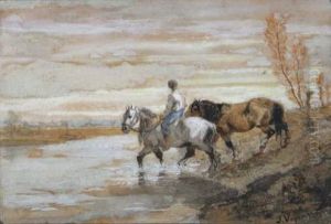 Cavalier Traversant Une Riviere by Jules Jacques Veyrassat