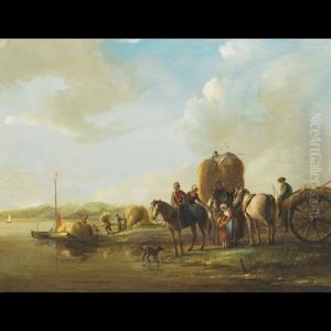 Shoreline Scene With Hay Barges And Farm Wagons by Jules Jacques Veyrassat