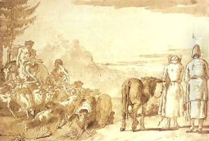 A pastoral scene with two shepherds tending their flock and a peasant couple leading a donkey by Giovanni Domenico Tiepolo