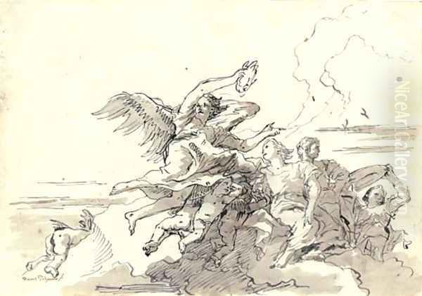An angel with a victor's crown in the clouds, putti, a young couple and another figure offering a dish - view 1