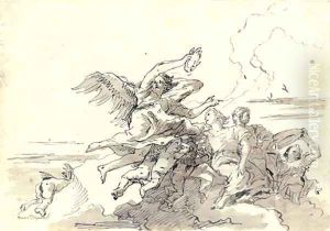 An angel with a victor's crown in the clouds, putti, a young couple and another figure offering a dish