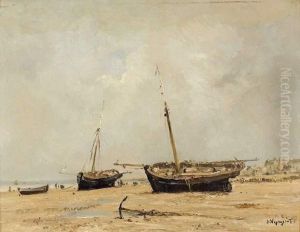 Bateaux Sur La Plage A Maree Basse by Jules Jacques Veyrassat