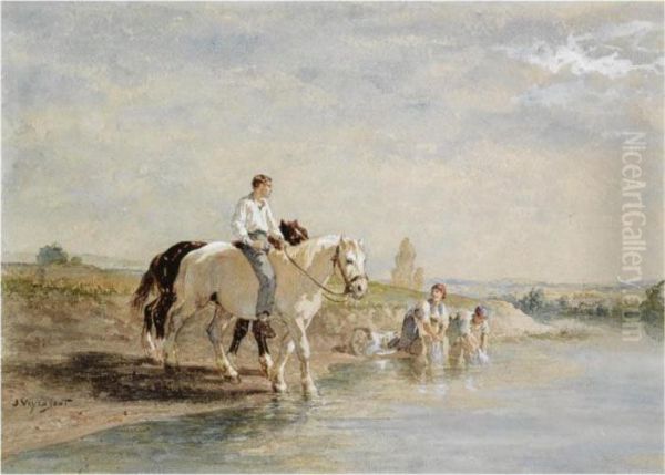 A Horse Rider Crossing The River On Laundry Day - view 1