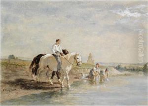 A Horse Rider Crossing The River On Laundry Day by Jules Jacques Veyrassat