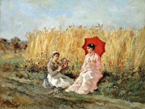 Elegantes Ramassant Desfleurs Dans Un Champ De Ble