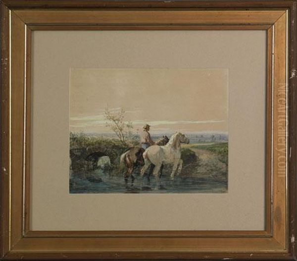 Landscape With A Gentleman And Two Horses Crossing Astream - view 1