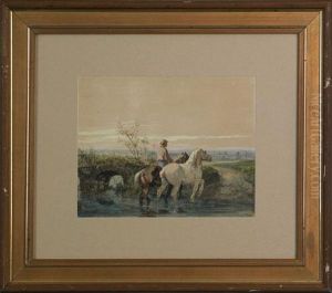 Landscape With A Gentleman And Two Horses Crossing Astream by Jules Jacques Veyrassat