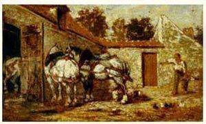 Chevaux De Labour Dans Une Cour De Ferme by Jules Jacques Veyrassat