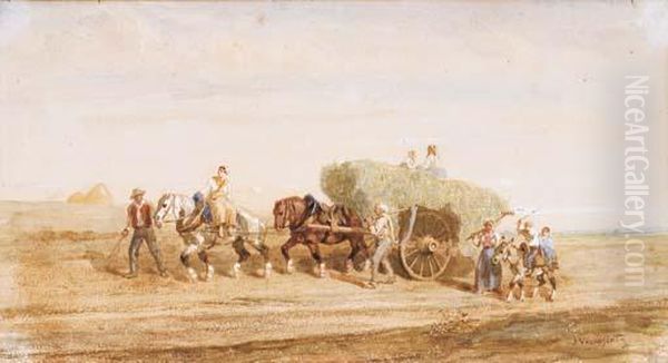 Un Paysage Avec Deux Chevaux Tirant Une Charette De Foin - view 1