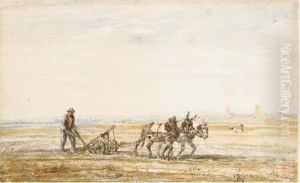 Un Paysage Avec Un Paysan Dirigant Une Charrue Tiree Par Deuxchevaux by Jules Jacques Veyrassat