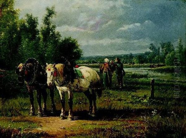 Bauernfamilie Mit Zwei Zugpferden Am Flussufer. - view 1