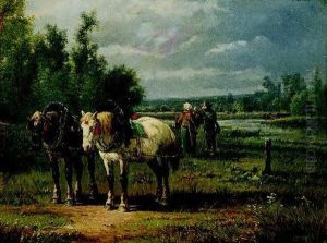 Bauernfamilie Mit Zwei Zugpferden Am Flussufer. Bauernfamilie Mit Zwei Zugpferden Am Flussufer.