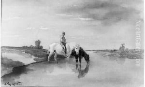 Chevaux S'abreuvant Aquarelle, Signee En Bas A Gauche. Haut. : 16 Cm - Larg. : 26 Cm