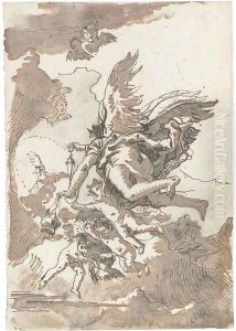 A group of angels in flight, one holding a censer by Giovanni Domenico Tiepolo