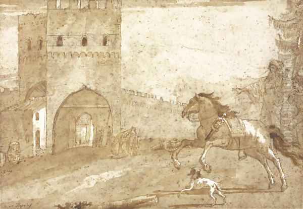 A riderless horse galloping in front of a fortified tower, a Punchinello lying on the ground in the distance - view 1