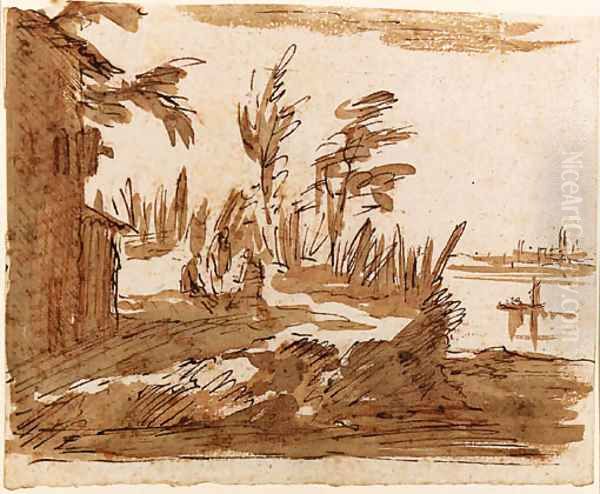 A View of the Lagoon with three Figures by a House, Venice in the background - view 1
