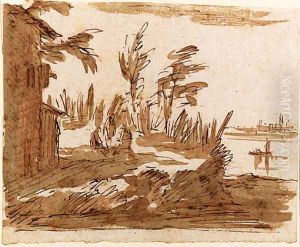 A View of the Lagoon with three Figures by a House, Venice in the background