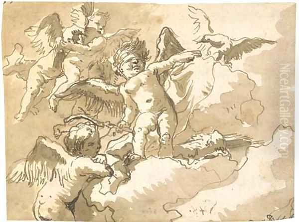 A blindfolded putto standing on a cloud with other putti and an eagle - view 1