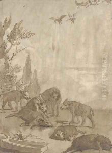 A pack of wolves with three dead boar, a flock of geese above by Giovanni Domenico Tiepolo