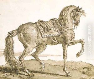A saddled horse, in profile to the right by Giovanni Domenico Tiepolo