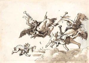 Angels in flight blowing trumpets by Giovanni Domenico Tiepolo
