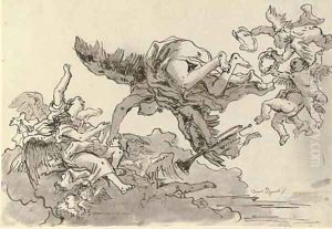 Fame with angels and putti with wreaths by Giovanni Domenico Tiepolo