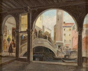 Ponte Del Rialto A Venezia Con Figure by Achille Vianelli