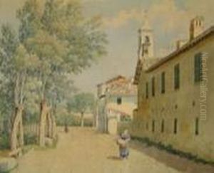Scorcio Di Paese Con Lavandaia by Achille Vianelli