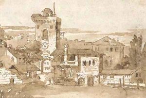 View of a village with a tower, after Marco Ricci by Giovanni Domenico Tiepolo