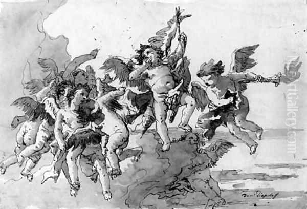Cupid with putti and a torch amongst clouds - view 1