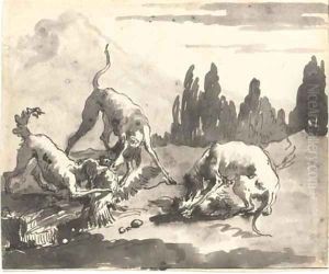 Dogs attacking chickens in a landscape