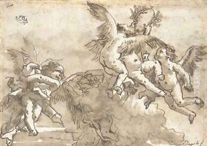 Putti playing with a crown of laurels, Cupid blindfolded to the left by Giovanni Domenico Tiepolo