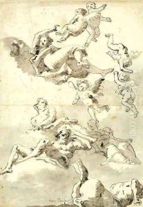 Rivergods, putti and other figures, and a centaur in the sky Study for a ceiling by Giovanni Domenico Tiepolo