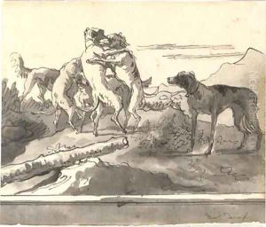 Dogs playing in a landscape by Giovanni Domenico Tiepolo
