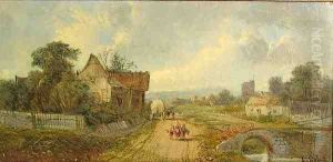 A View Of A Village With Figures Near A Bridge