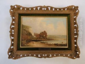 A Coastal Cove Scene With Figures And Boat