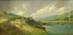 Figures On Riverside Path By Cottages