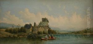 Anglers In A Boat On A River, Houses Beyond