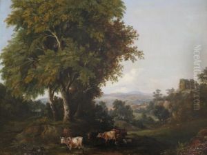 A Drover With Cattle And Goats In A Landscape by A.H. Vickers