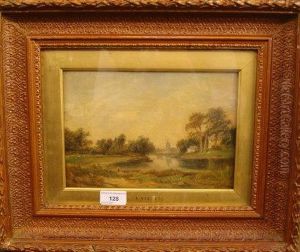 Figure And Boats Before River With Building To Distance