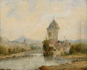 A River Scene With A Moored Boat And Mountains To The Background