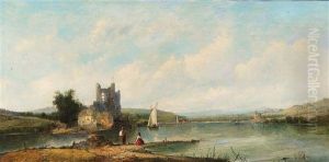 Fishing In A Lakeland Landscape With Ruined Tower And Cottages On A Bank
