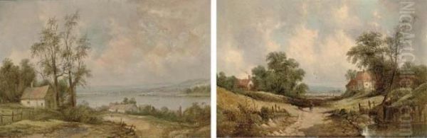 Cottages In A Summer Landscape With A River Beyond; And A Figure On A Country Track - view 1