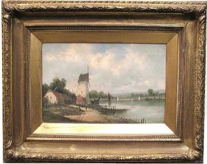 A View Of A Windmill And Sailboats On A River; A View Of A Town By A River (a Pair)