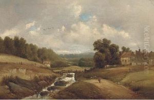 Figure On A Track By A Brook, With Buildings Beyond