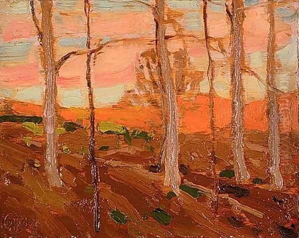 Trees, Red Hill, and Sunset Sky by Tom Thomson