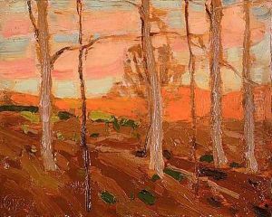 Trees, Red Hill, and Sunset Sky by Tom Thomson
